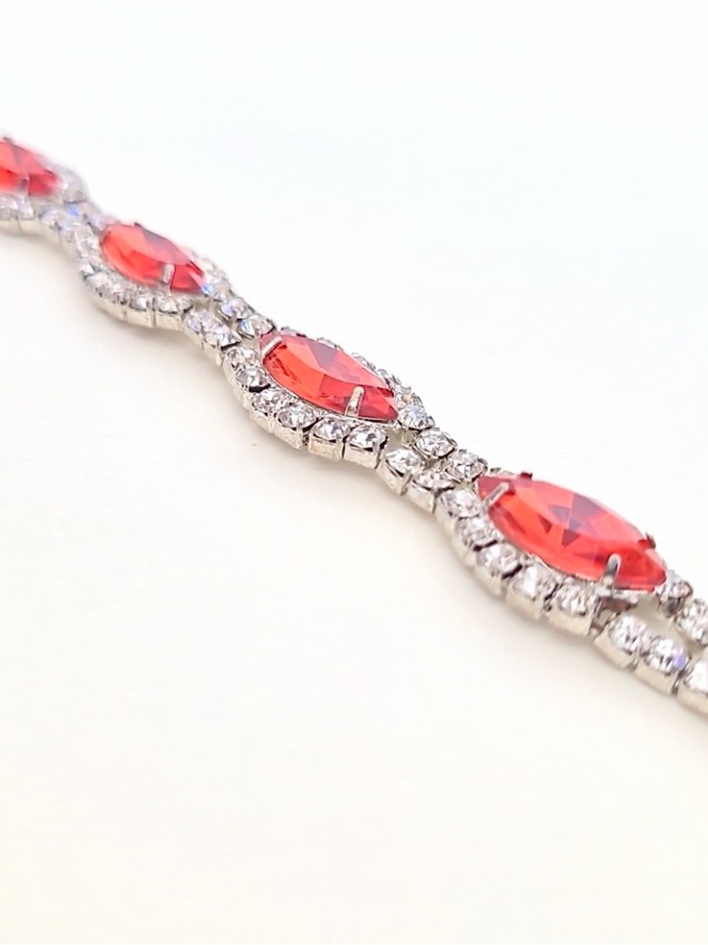 Red Marquise Rhinestone Tennis Bracelet Silver Tone Statement Vintage Style - Picture 1 of 9